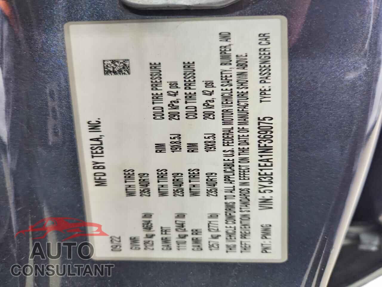TESLA MODEL 3 2022 - 5YJ3E1EA1NF369075