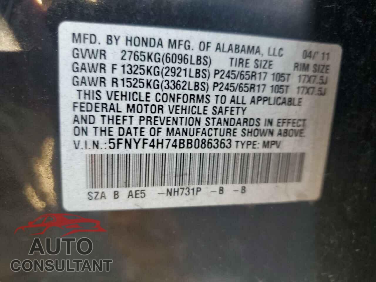 HONDA PILOT 2011 - 5FNYF4H74BB086363