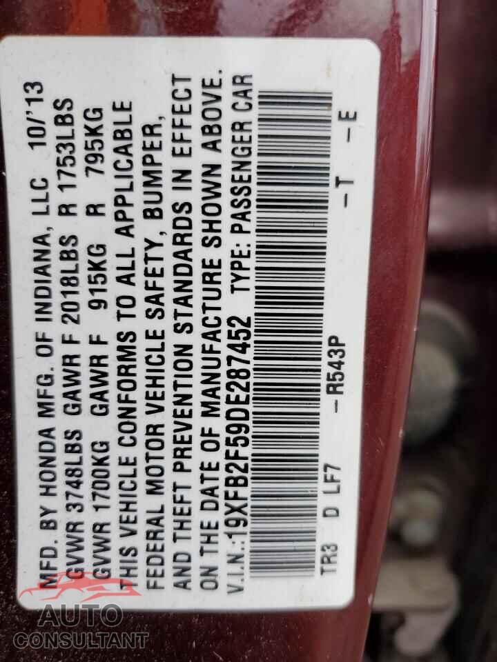 HONDA CIVIC 2013 - 19XFB2F59DE287452