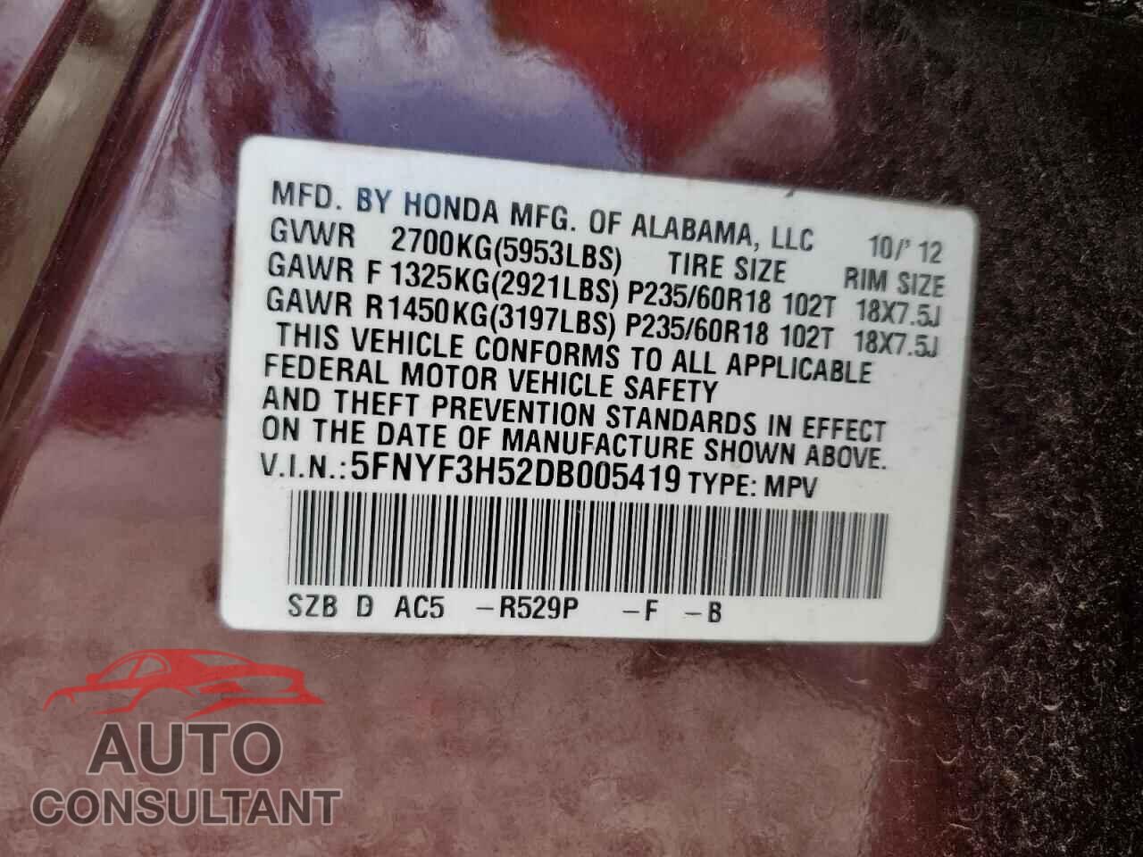 HONDA PILOT 2013 - 5FNYF3H52DB005419