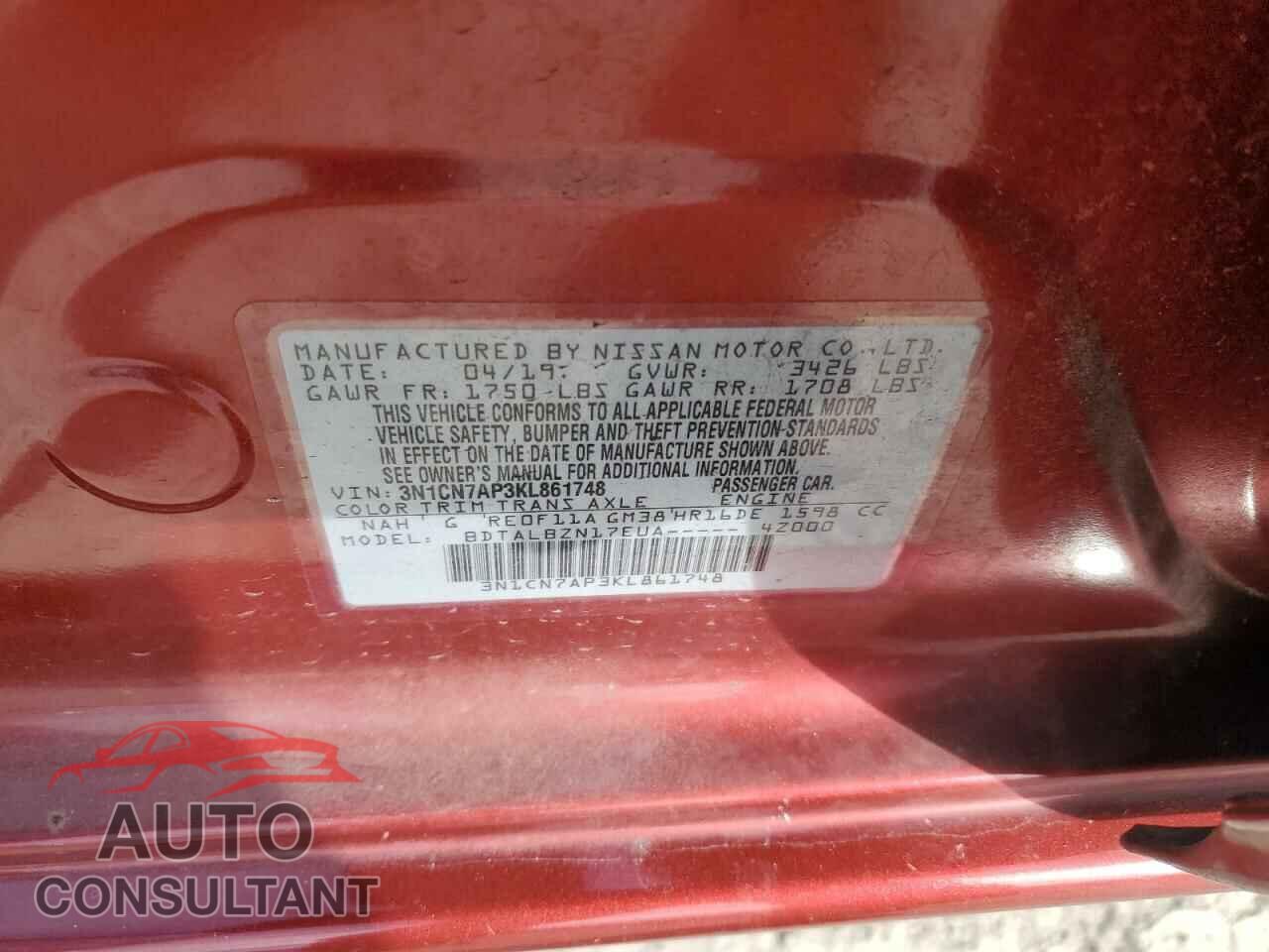 NISSAN VERSA 2019 - 3N1CN7AP3KL861748