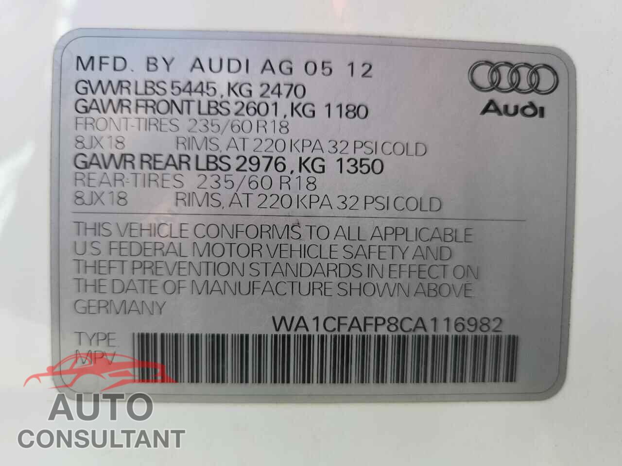 AUDI Q5 2012 - WA1CFAFP8CA116982