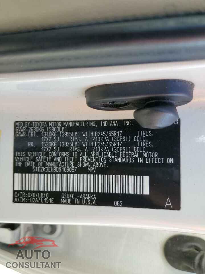 TOYOTA HIGHLANDER 2013 - 5TDZK3EH8DS109097