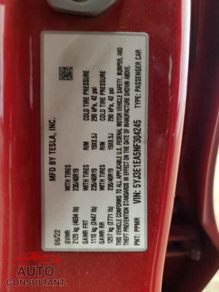 TESLA MODEL 3 2022 - 5YJ3E1EA5NF304245