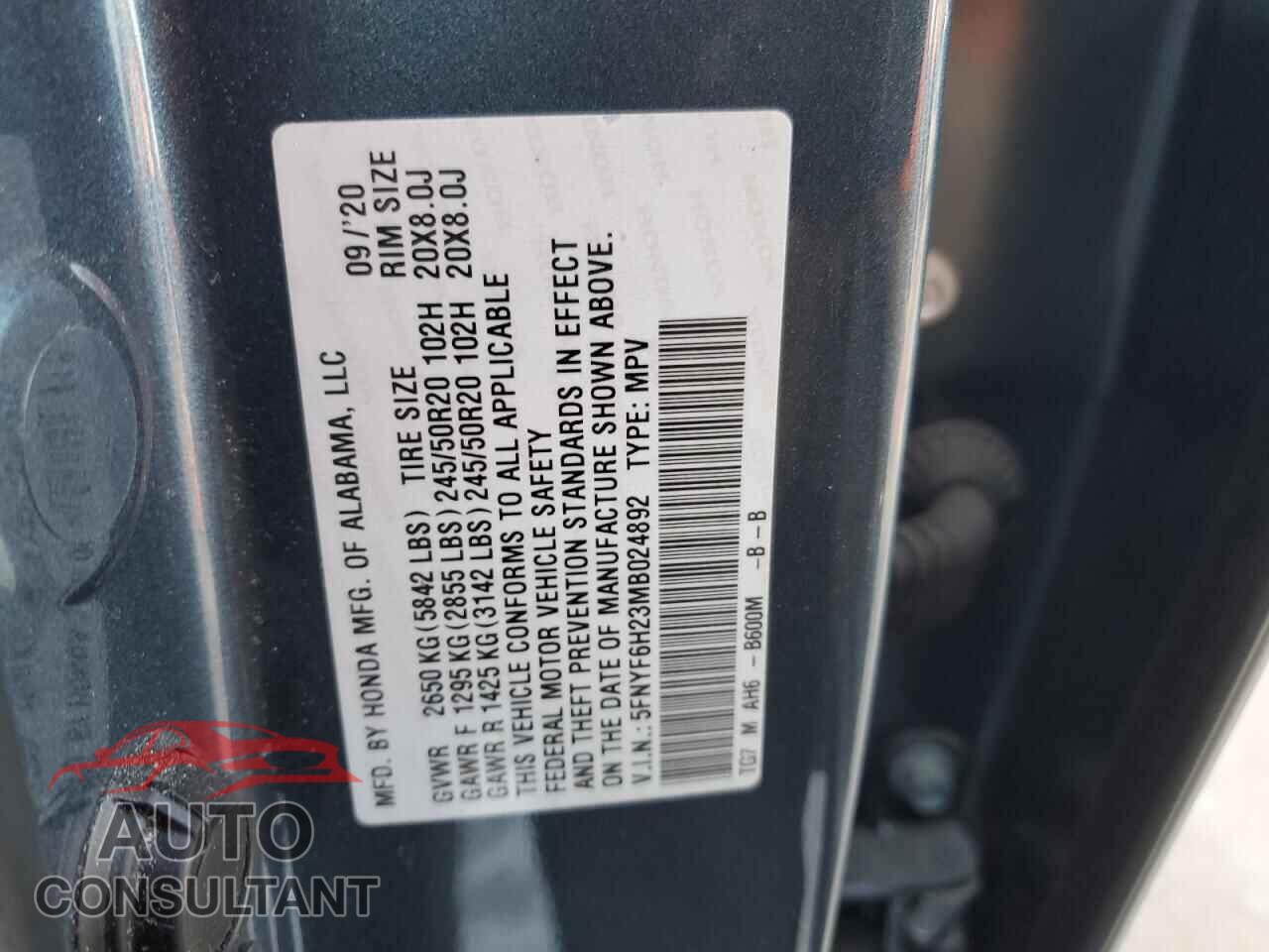 HONDA PILOT 2021 - 5FNYF6H23MB024892