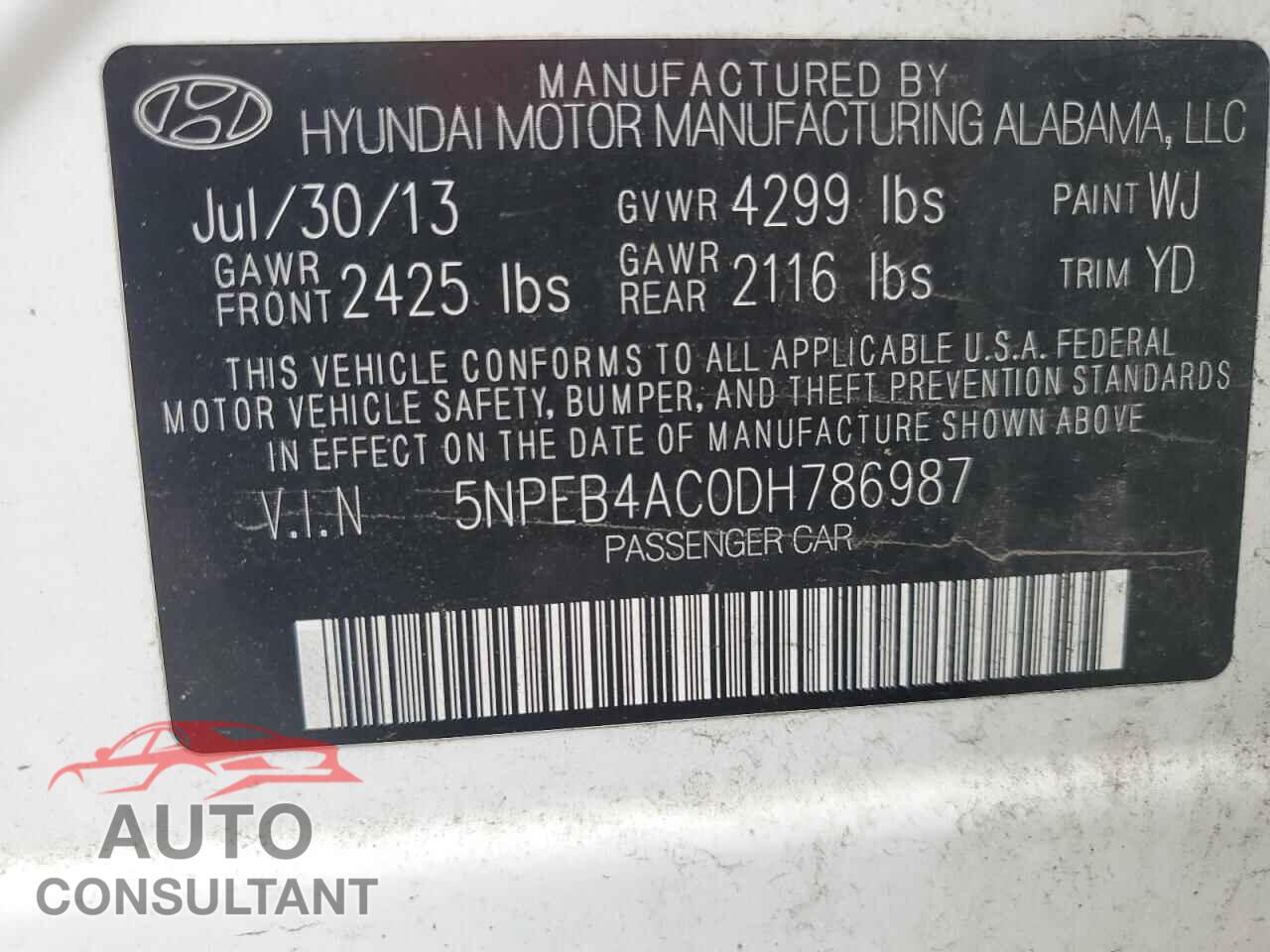 HYUNDAI SONATA 2013 - 5NPEB4AC0DH786987