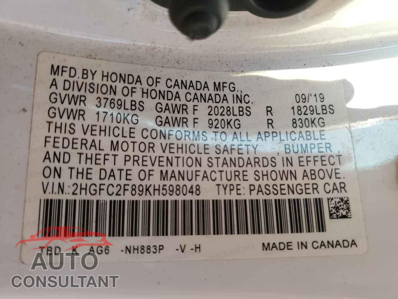 HONDA CIVIC 2019 - 2HGFC2F89KH598048