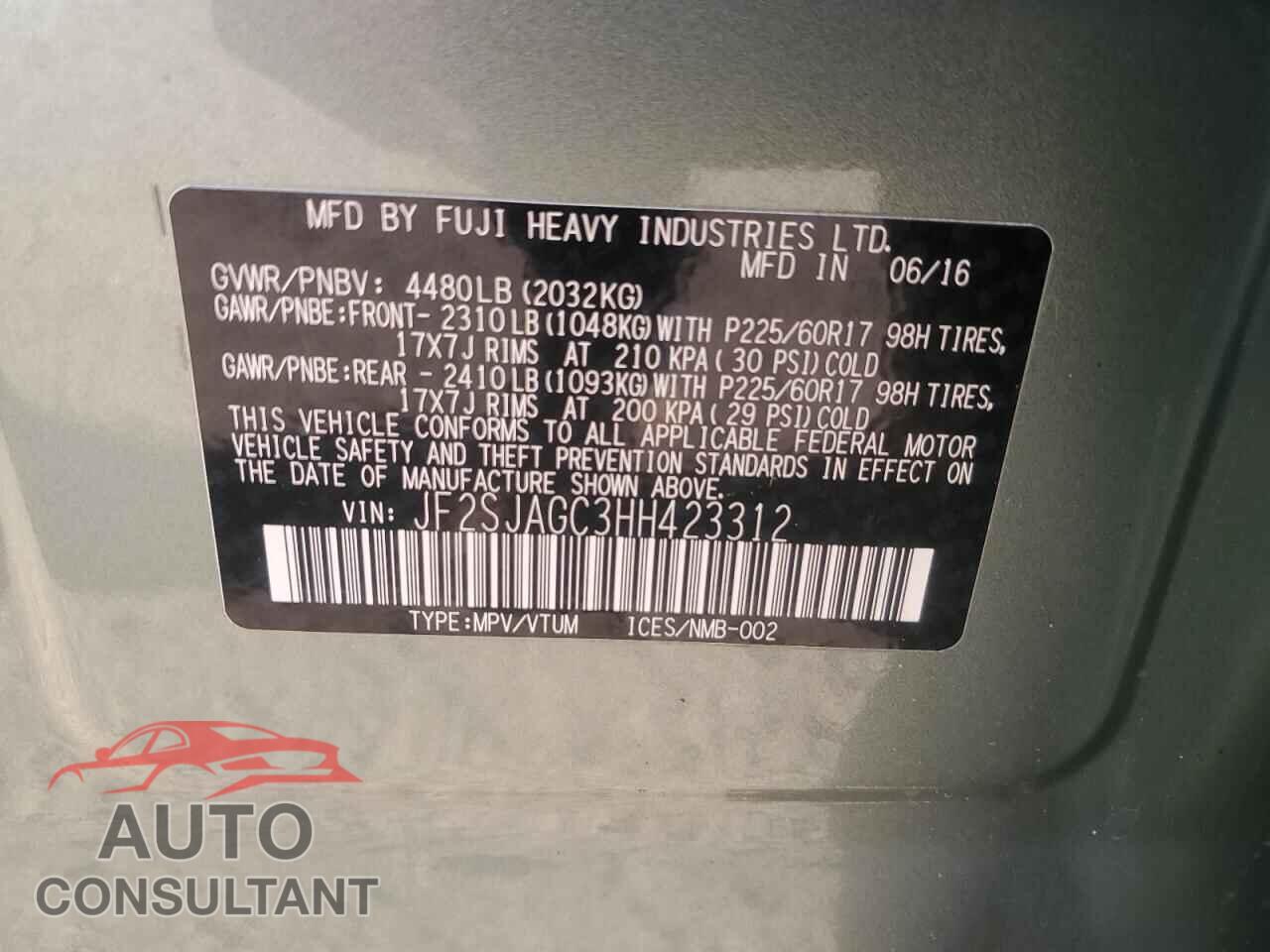 SUBARU FORESTER 2017 - JF2SJAGC3HH423312