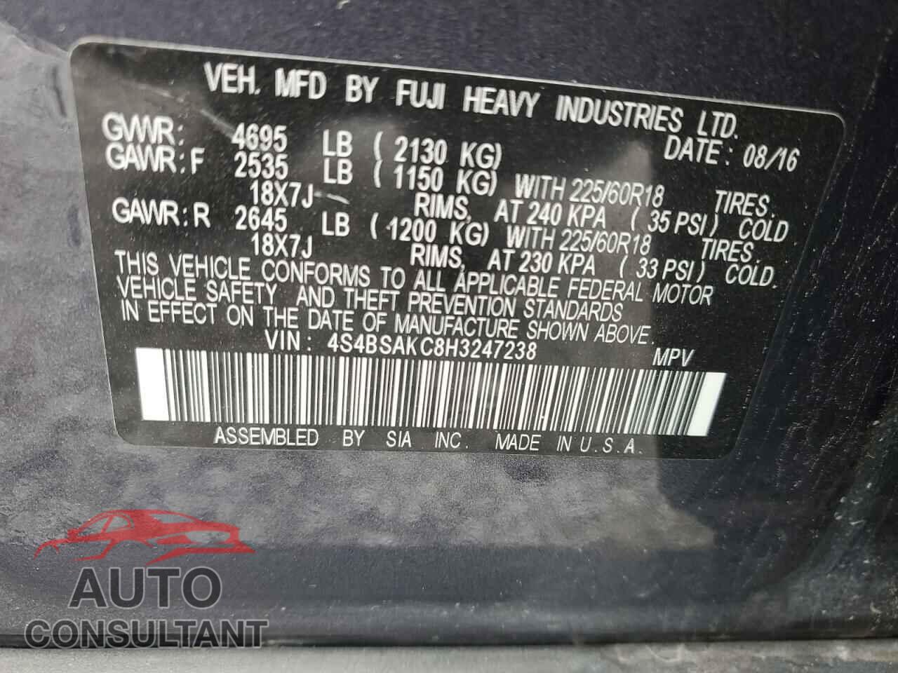 SUBARU OUTBACK 2017 - 4S4BSAKC8H3247238