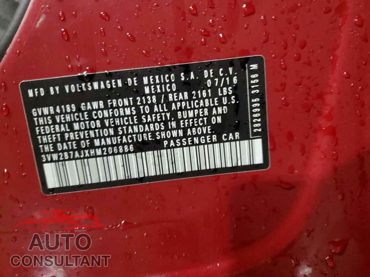 VOLKSWAGEN JETTA 2017 - 3VW2B7AJXHM206886