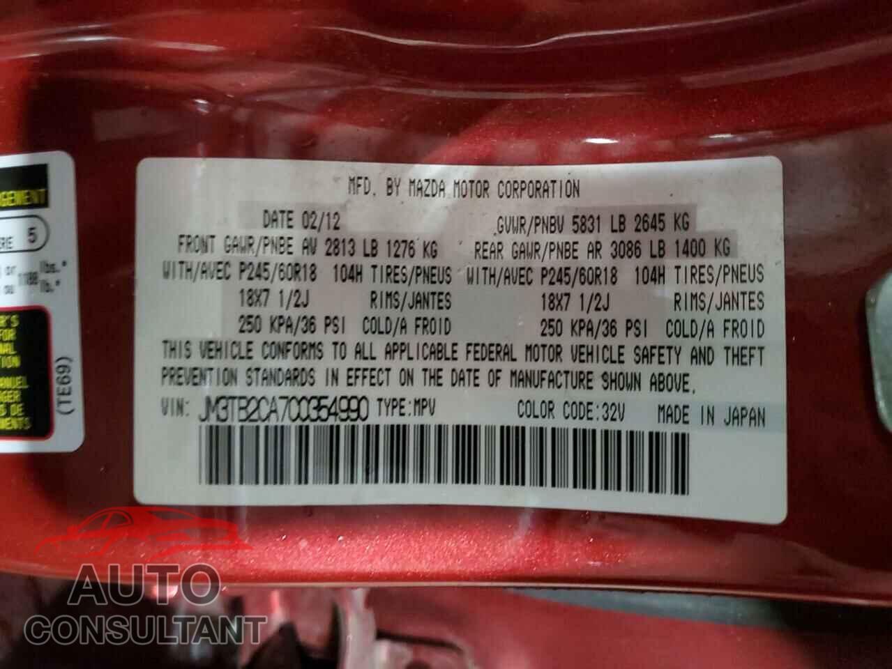MAZDA CX-9 2012 - JM3TB2CA7C0354990