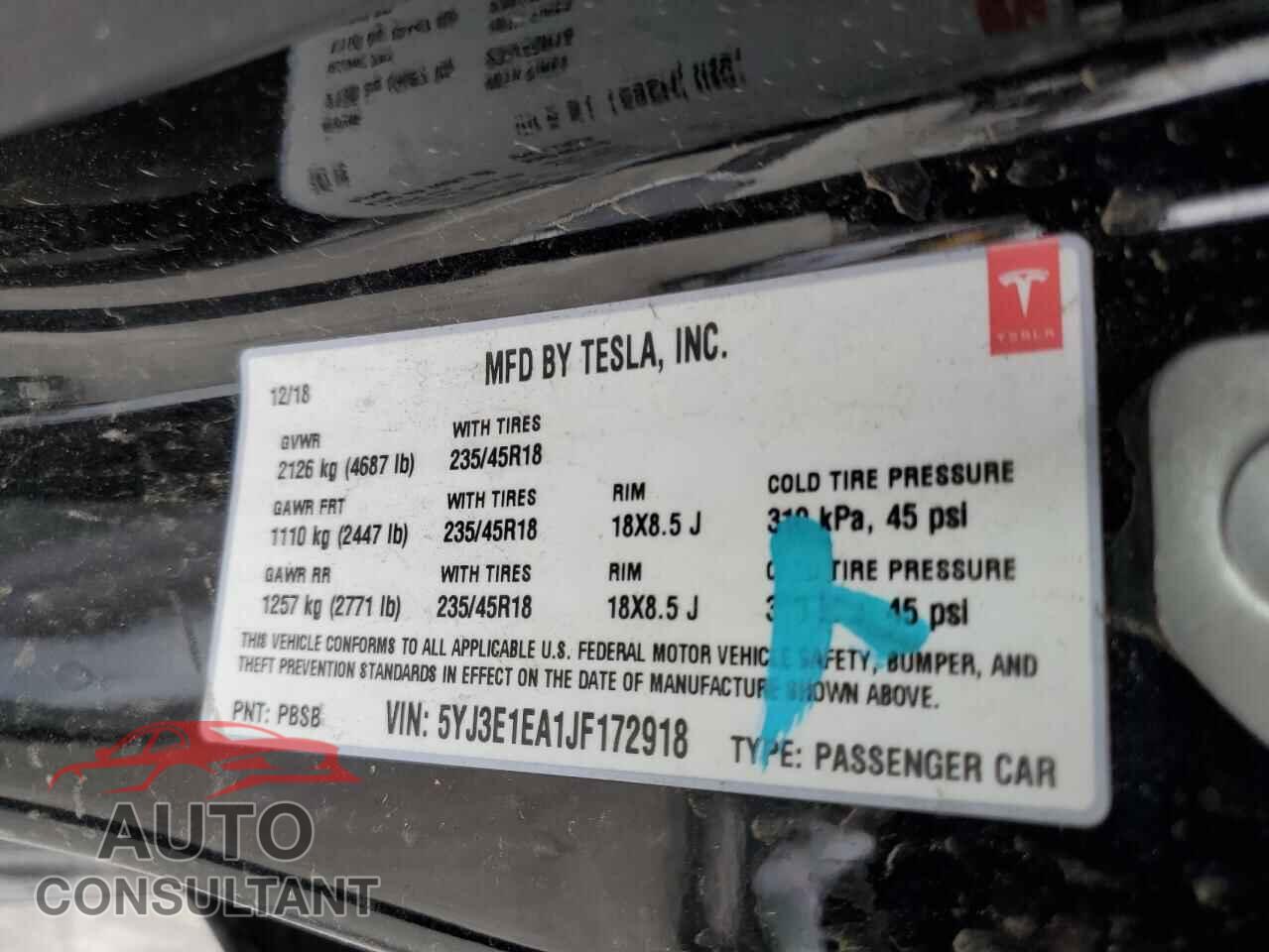 TESLA MODEL 3 2018 - 5YJ3E1EA1JF172918