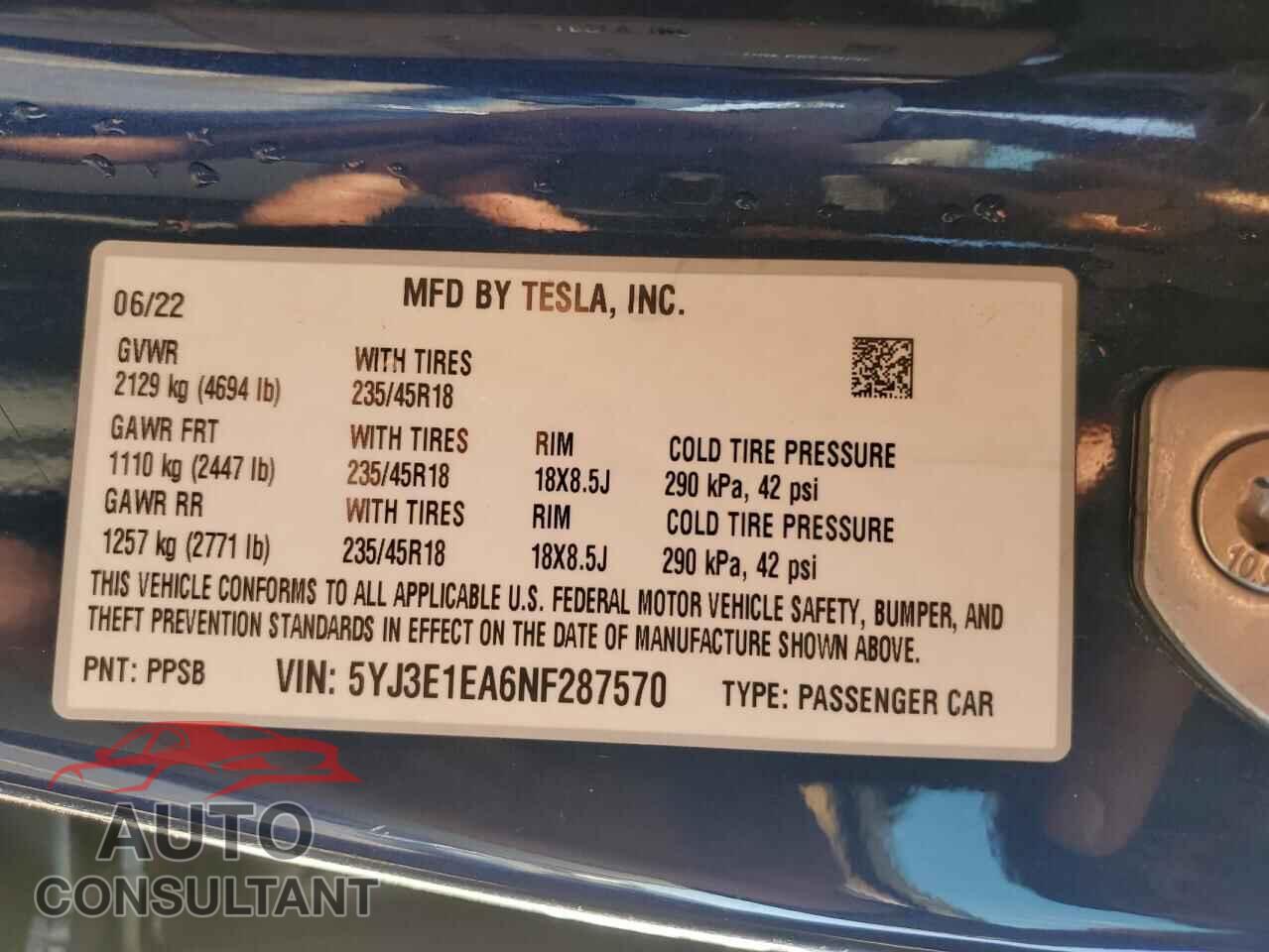TESLA MODEL 3 2022 - 5YJ3E1EA6NF287570