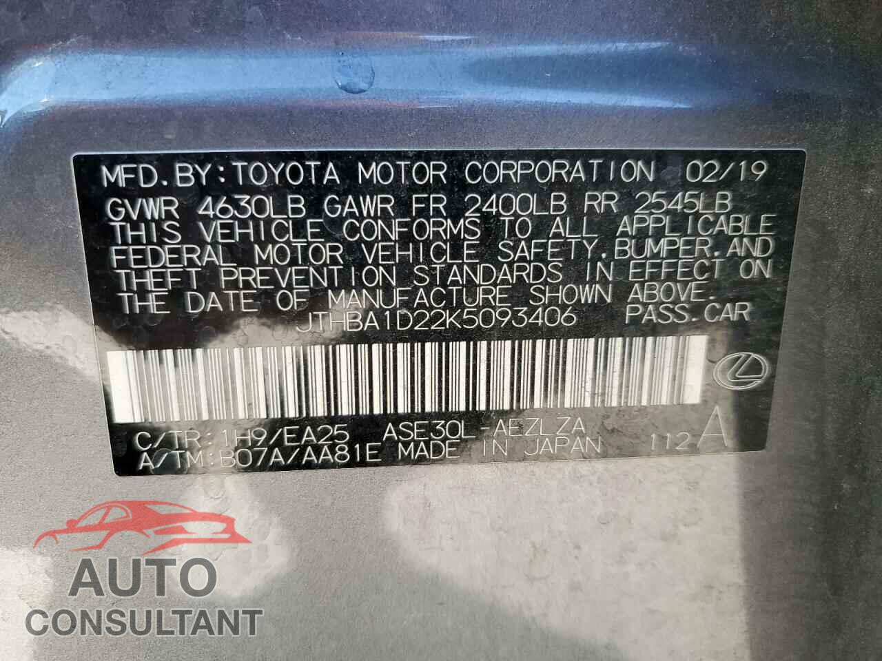 LEXUS IS 2019 - JTHBA1D22K5093406