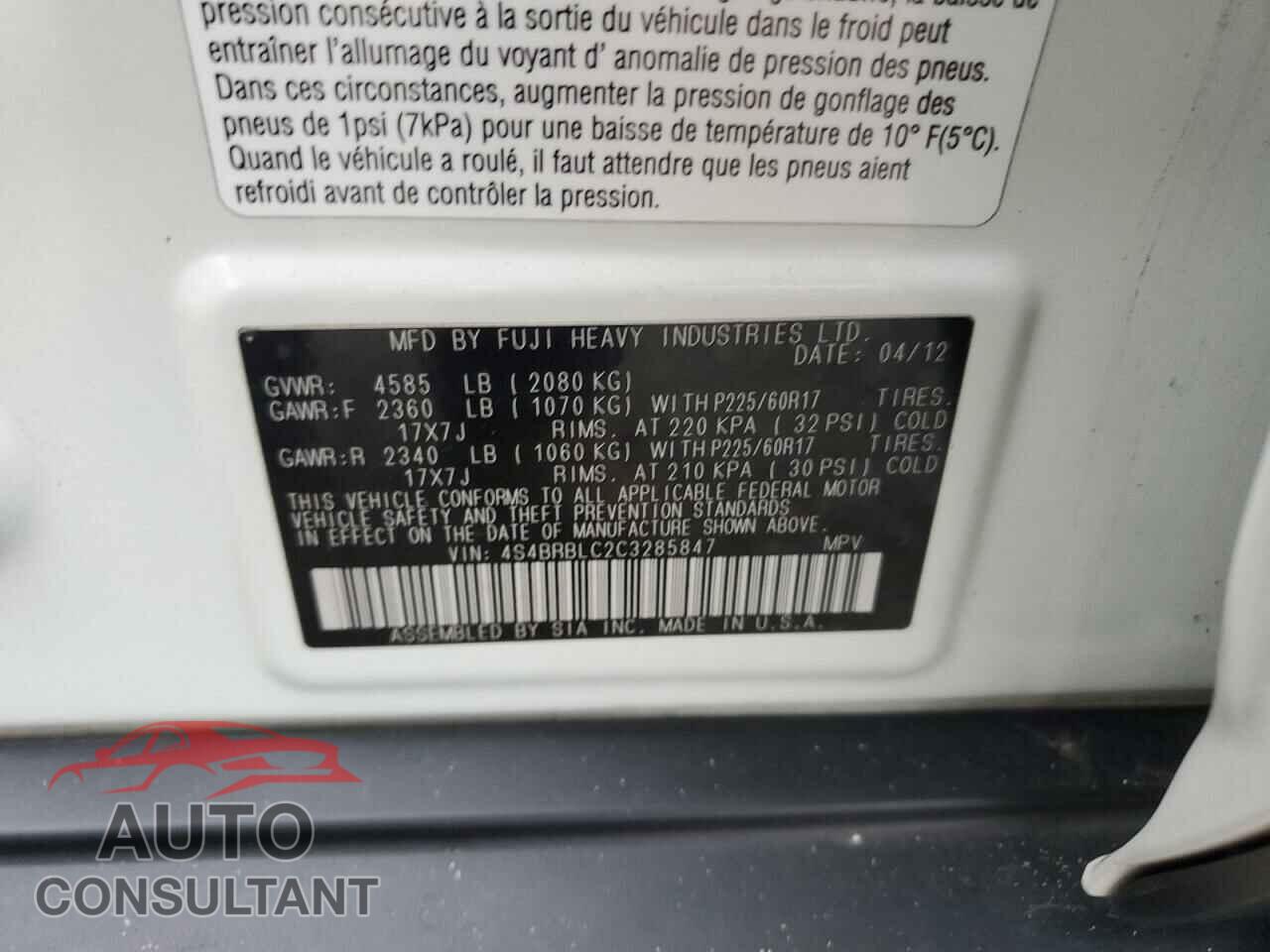 SUBARU OUTBACK 2012 - 4S4BRBLC2C3285847
