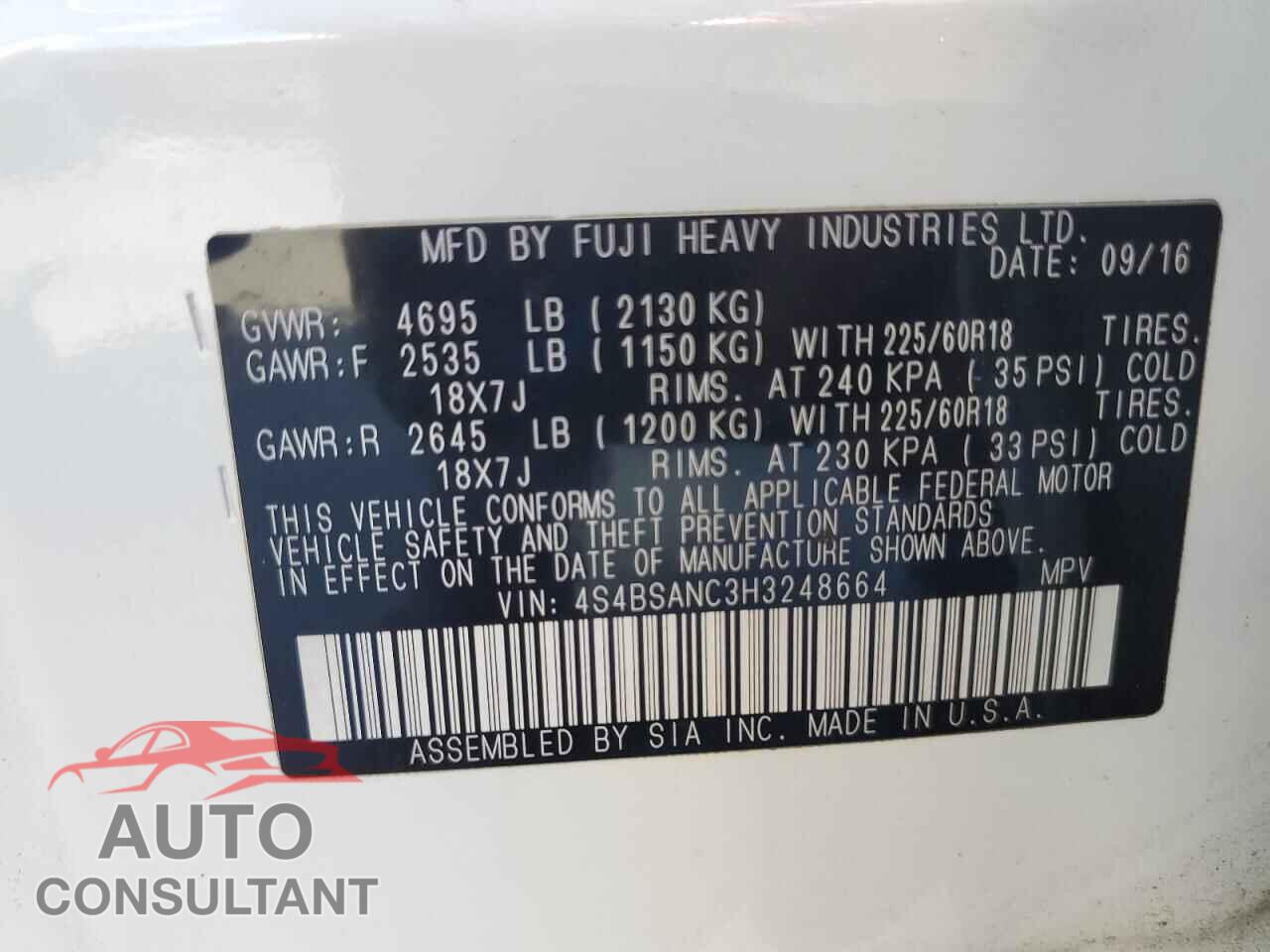 SUBARU OUTBACK 2017 - 4S4BSANC3H3248664