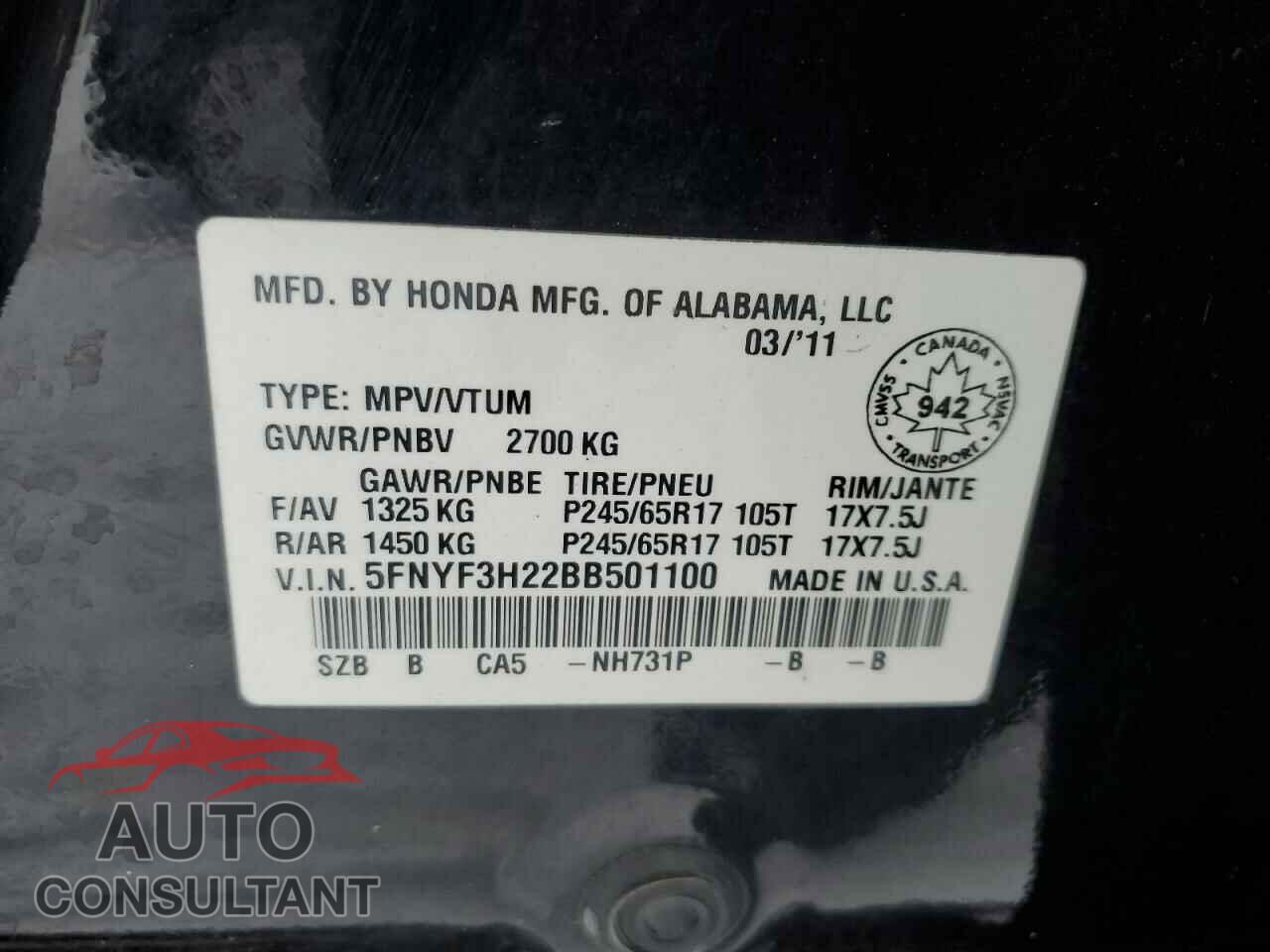 HONDA PILOT 2011 - 5FNYF3H22BB501100