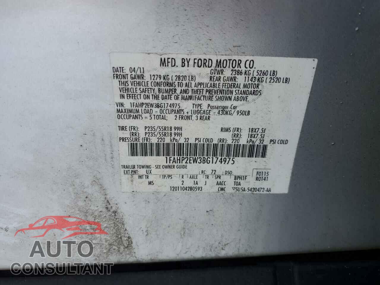 FORD TAURUS 2011 - 1FAHP2EW3BG174975
