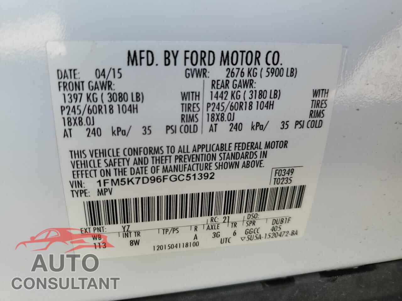 FORD EXPLORER 2015 - 1FM5K7D96FGC51392
