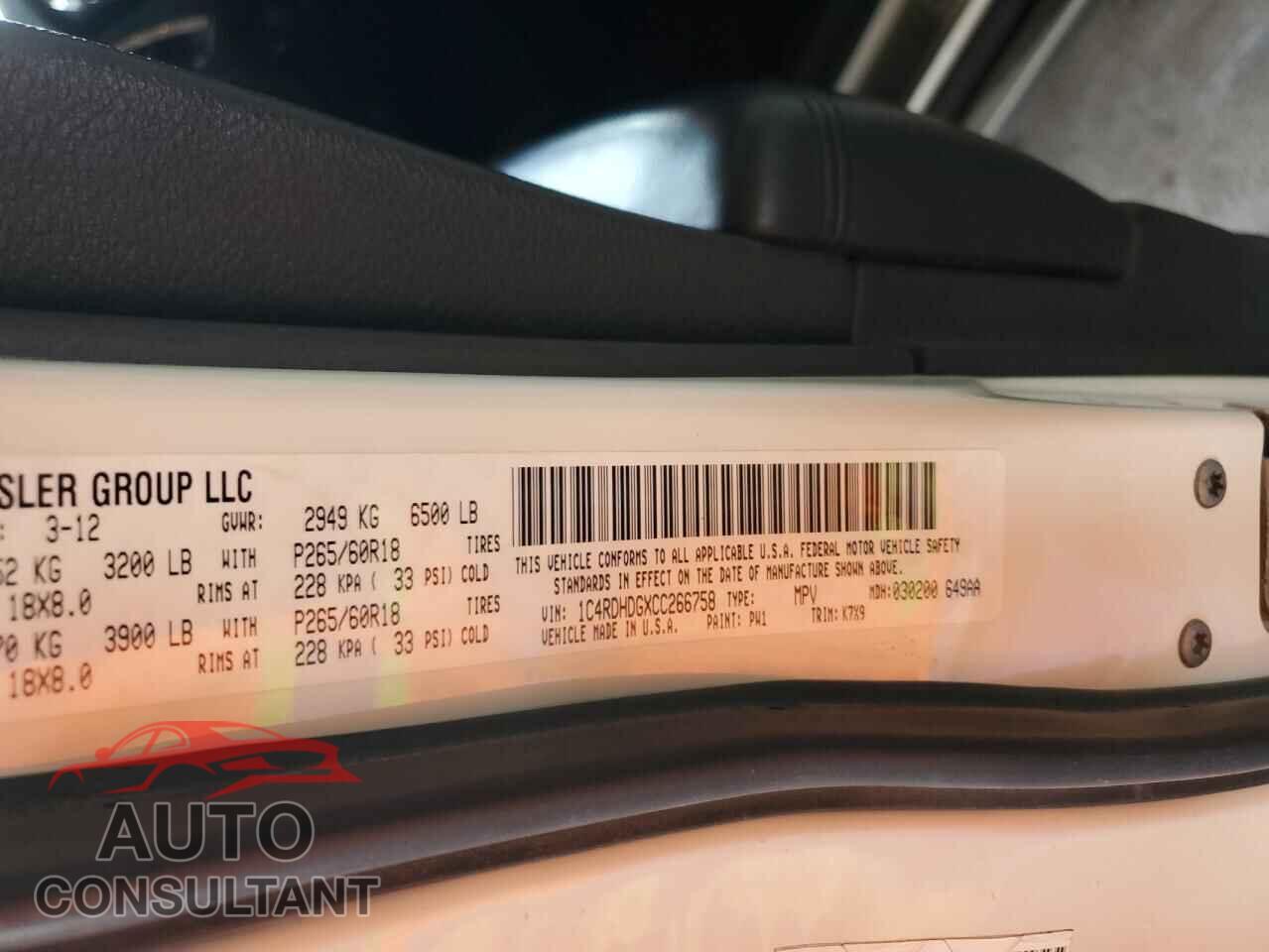DODGE DURANGO 2012 - 1C4RDHDGXCC266758