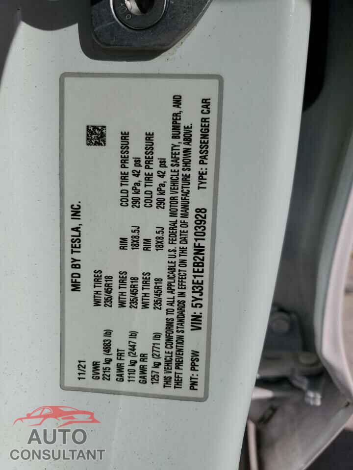 TESLA MODEL 3 2022 - 5YJ3E1EB2NF103928