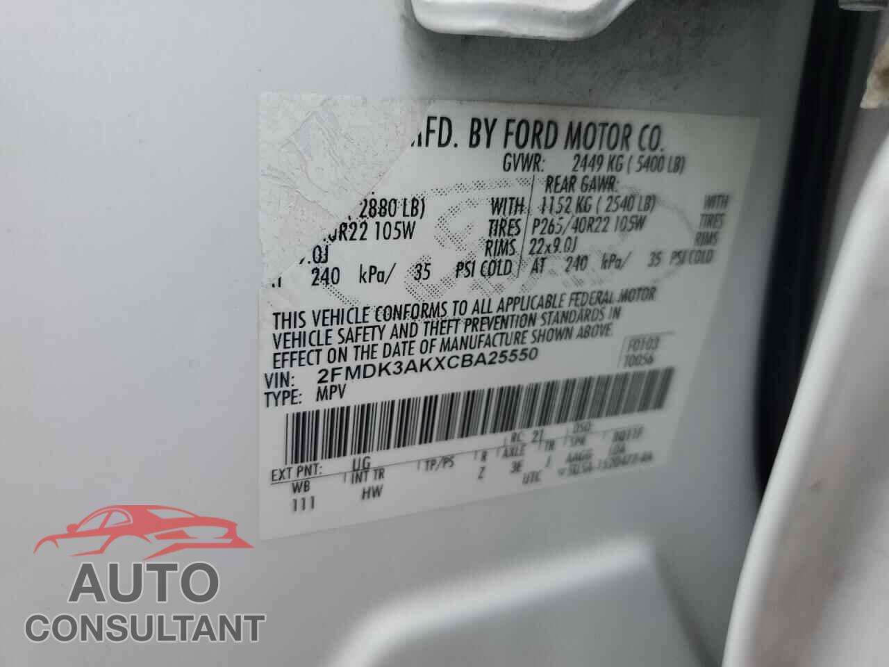 FORD EDGE 2012 - 2FMDK3AKXCBA25550