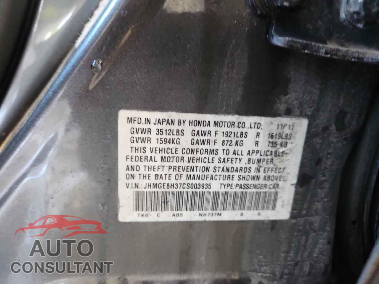 HONDA FIT 2012 - JHMGE8H37CS003935
