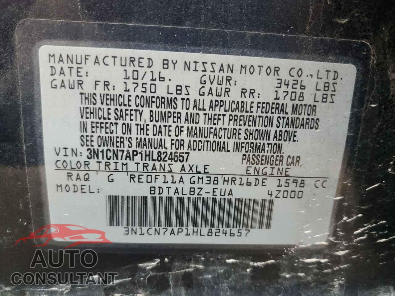 NISSAN VERSA 2017 - 3N1CN7AP1HL824657