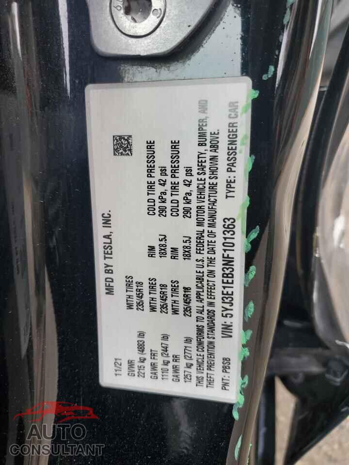TESLA MODEL 3 2022 - 5YJ3E1EB3NF101363