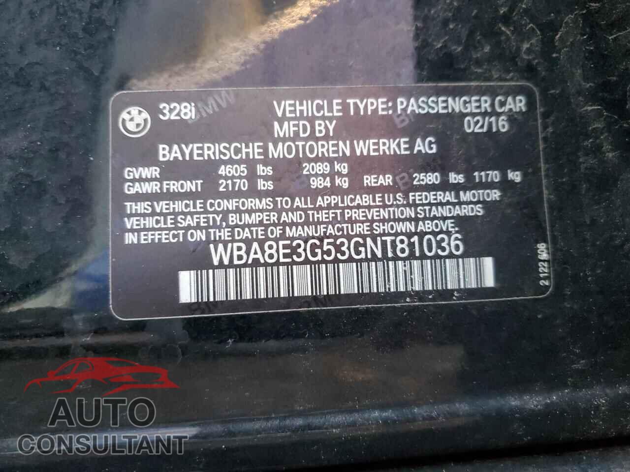 BMW 3 SERIES 2016 - WBA8E3G53GNT81036