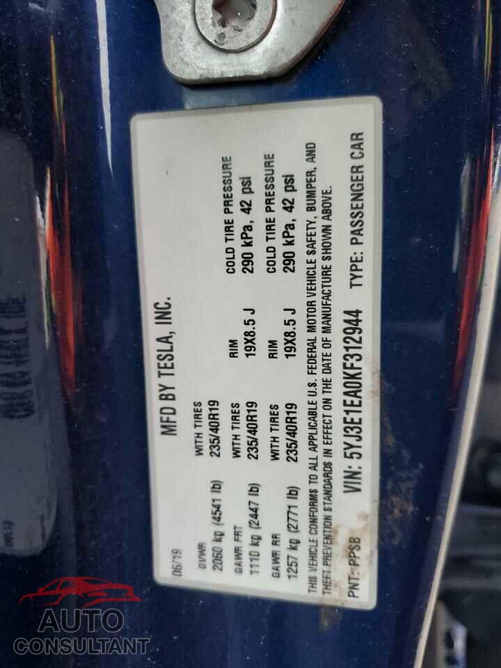 TESLA MODEL 3 2019 - 5YJ3E1EA0KF312944