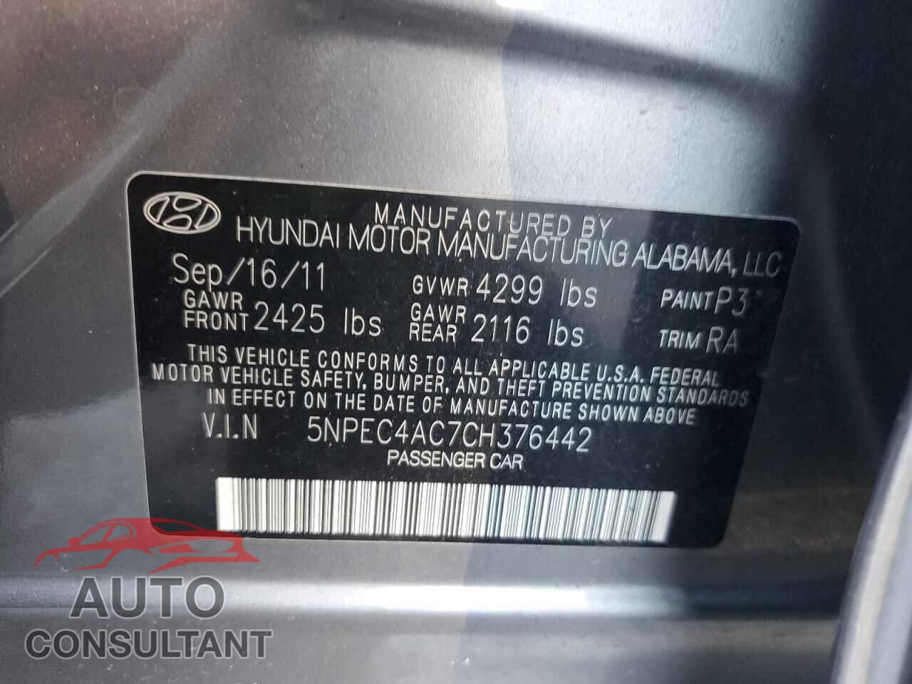 HYUNDAI SONATA 2012 - 5NPEC4AC7CH376442