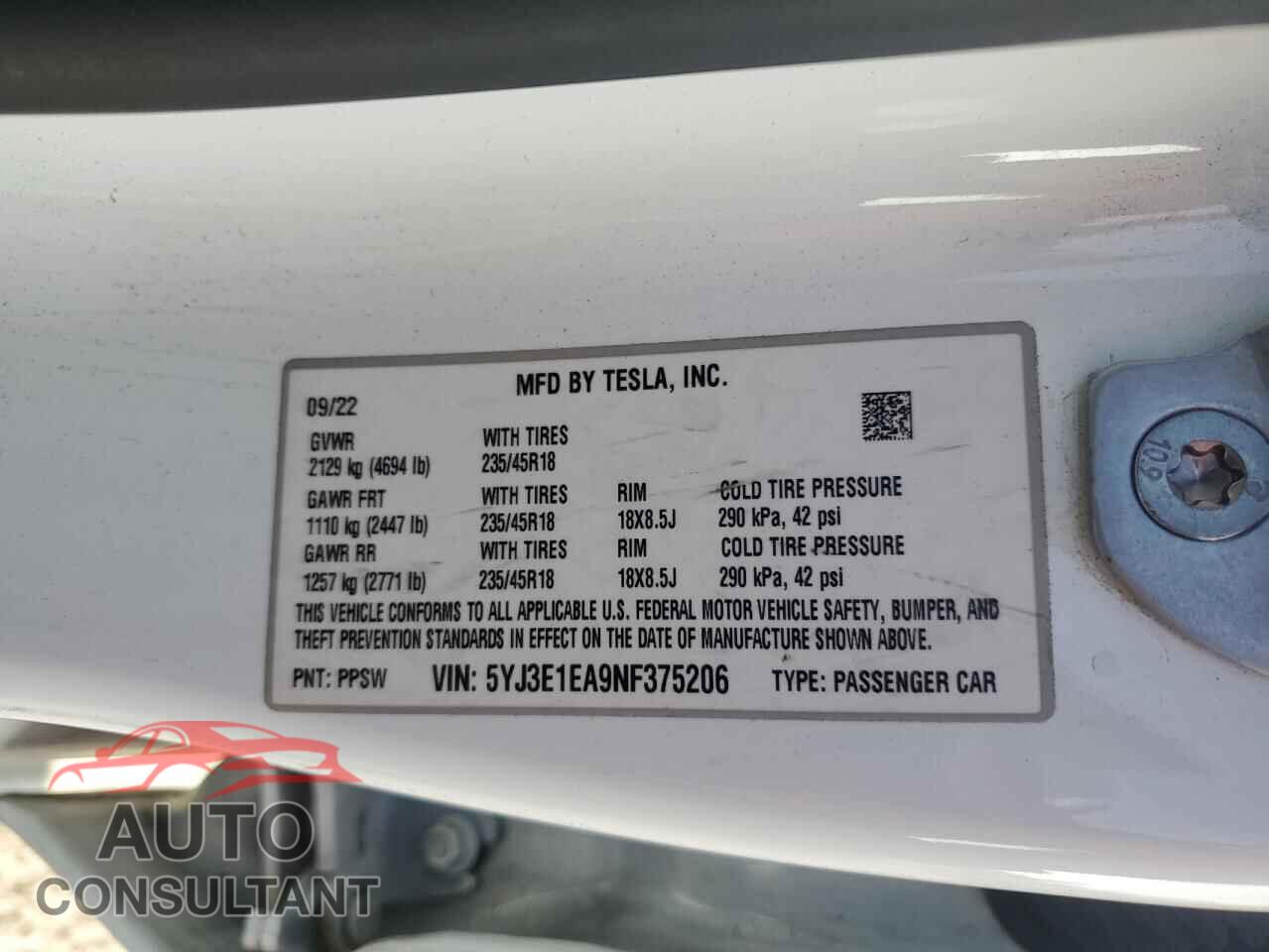 TESLA MODEL 3 2022 - 5YJ3E1EA9NF375206