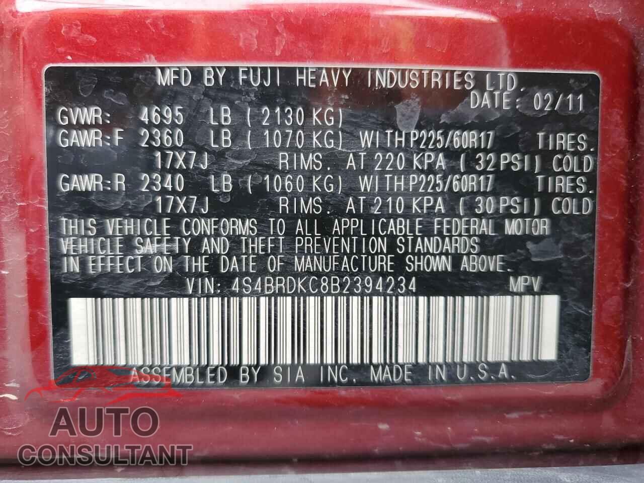 SUBARU OUTBACK 2011 - 4S4BRDKC8B2394234