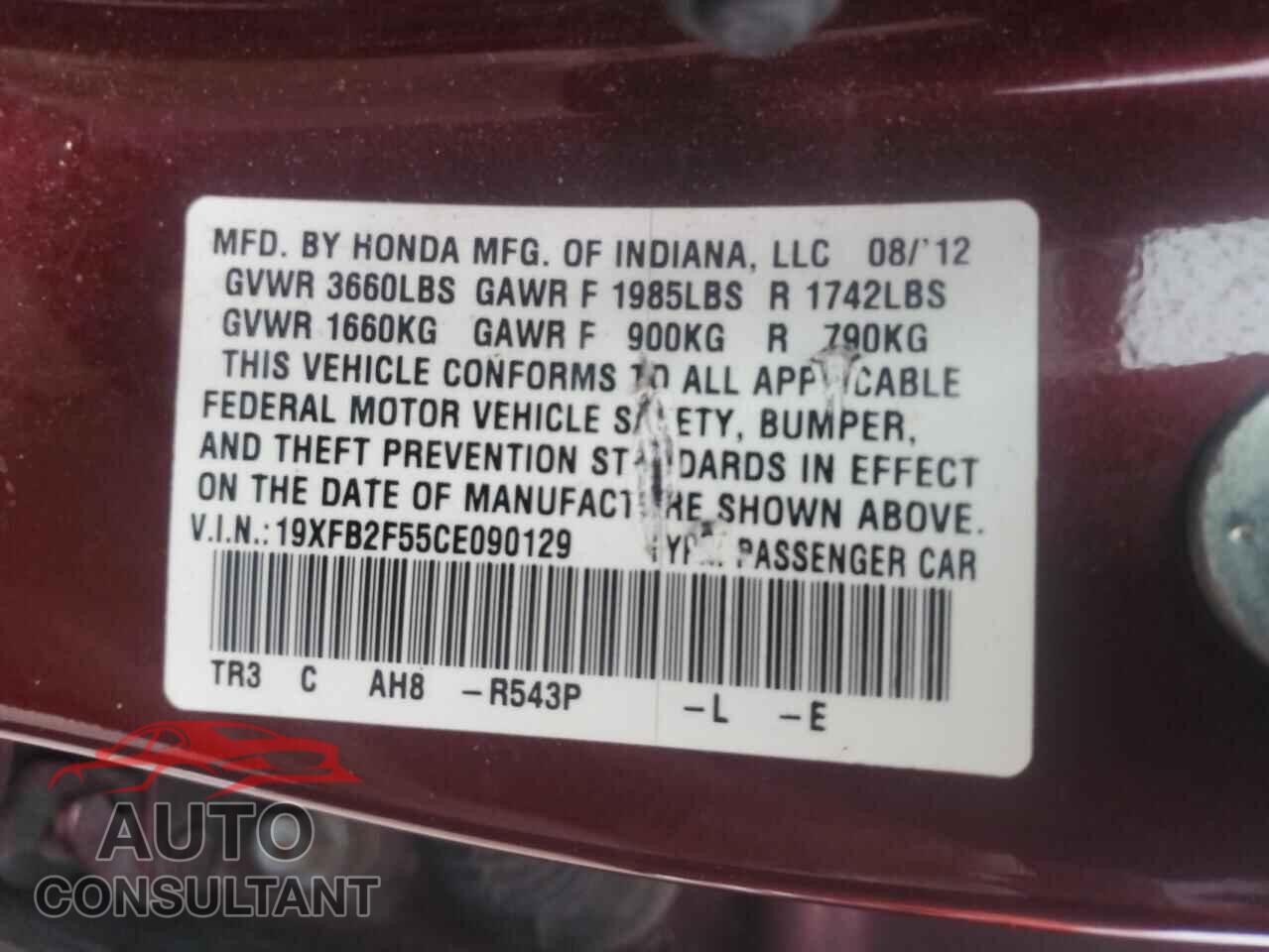 HONDA CIVIC 2012 - 19XFB2F55CE090129