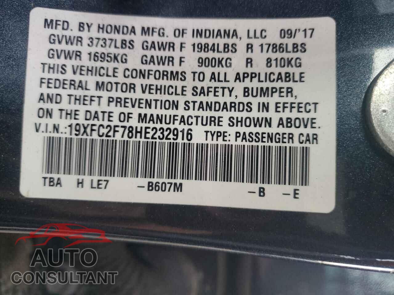 HONDA CIVIC 2017 - 19XFC2F78HE232916