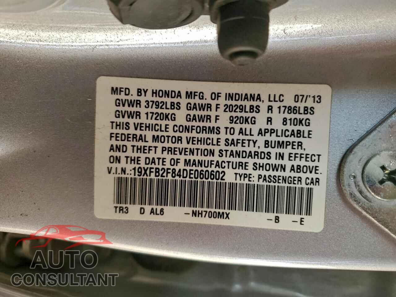HONDA CIVIC 2013 - 19XFB2F84DE060602