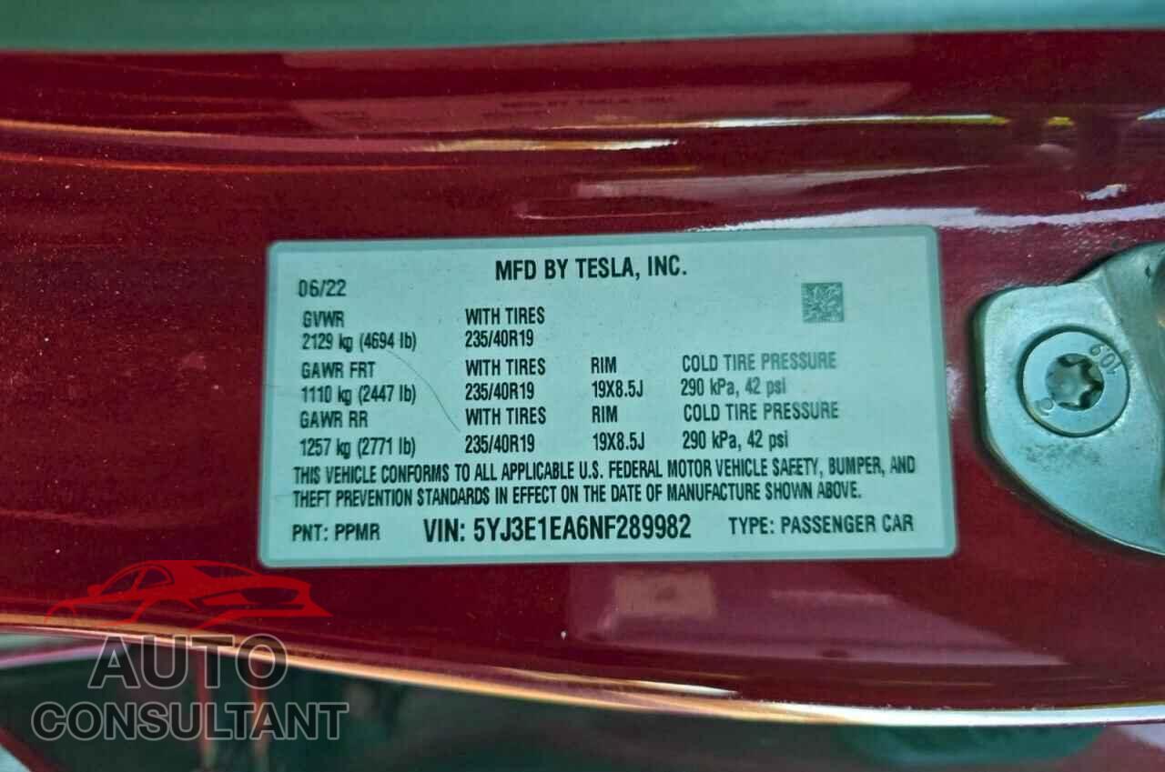 TESLA MODEL 3 2022 - 5YJ3E1EA6NF289982