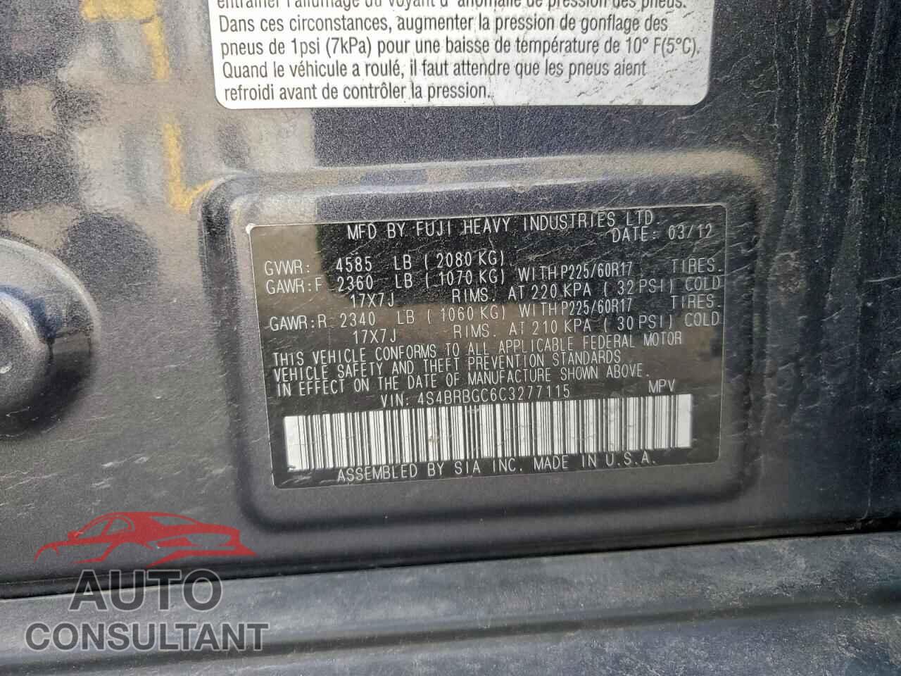 SUBARU OUTBACK 2012 - 4S4BRBGC6C3277115
