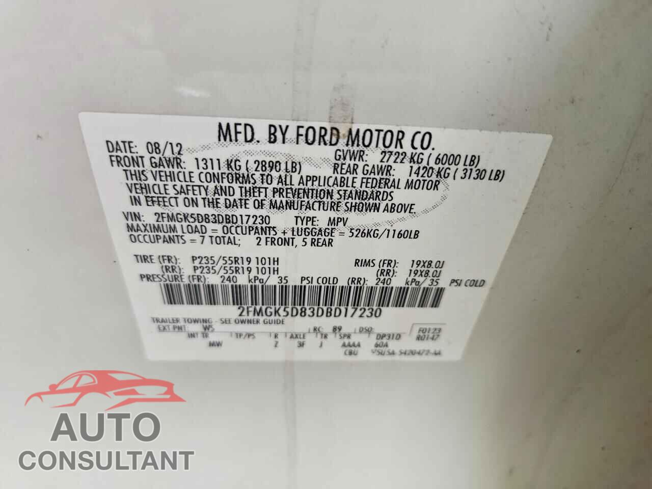 FORD FLEX 2013 - 2FMGK5D83DBD17230