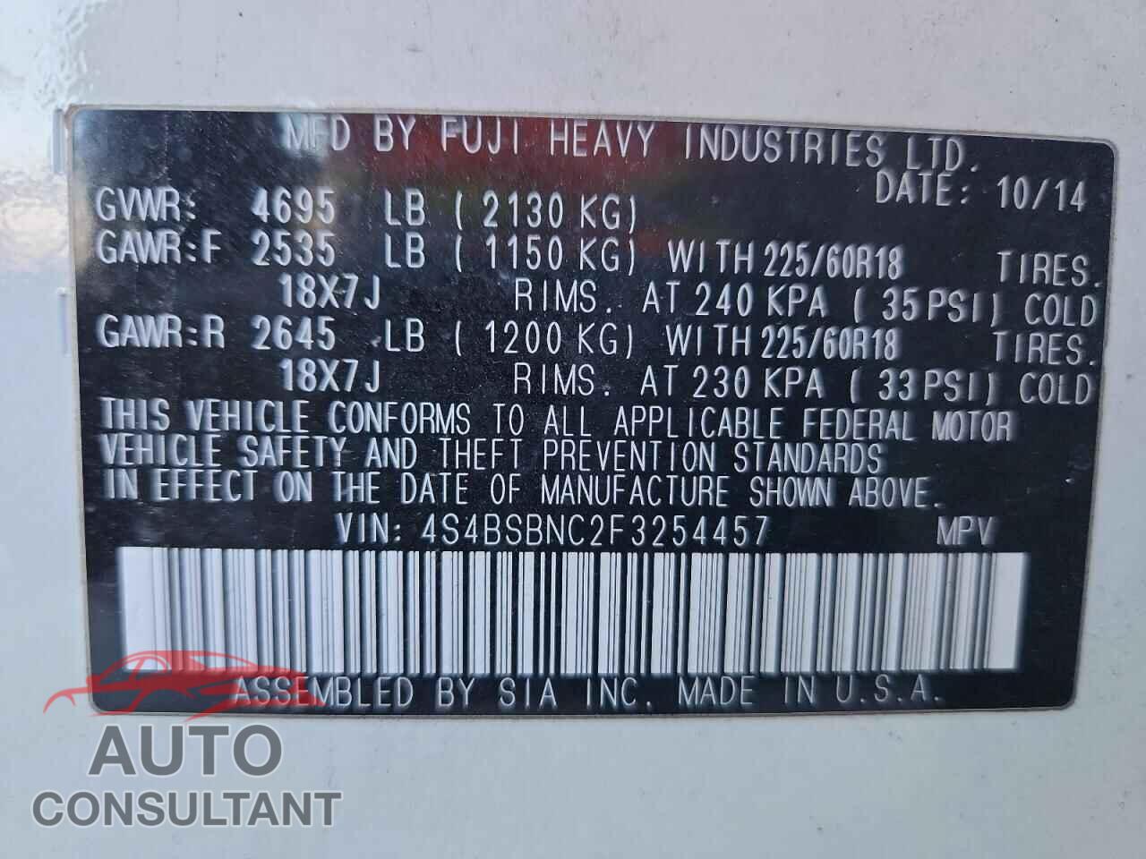 SUBARU OUTBACK 2015 - 4S4BSBNC2F3254457