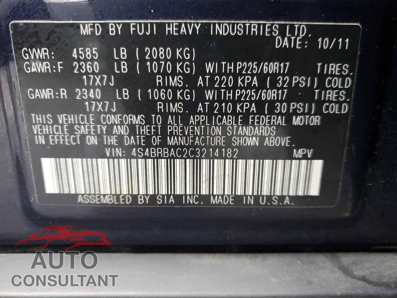 SUBARU OUTBACK 2012 - 4S4BRBAC2C3214182