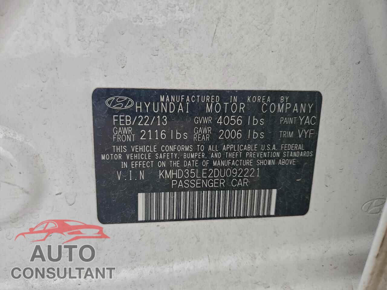 HYUNDAI ELANTRA 2013 - KMHD35LE2DU092221