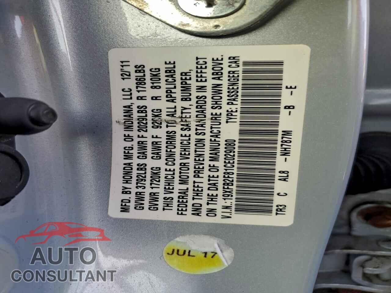 HONDA CIVIC 2012 - 19XFB2F81CE029080