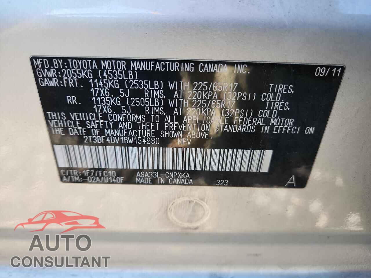 TOYOTA RAV4 2011 - 2T3BF4DV1BW154980
