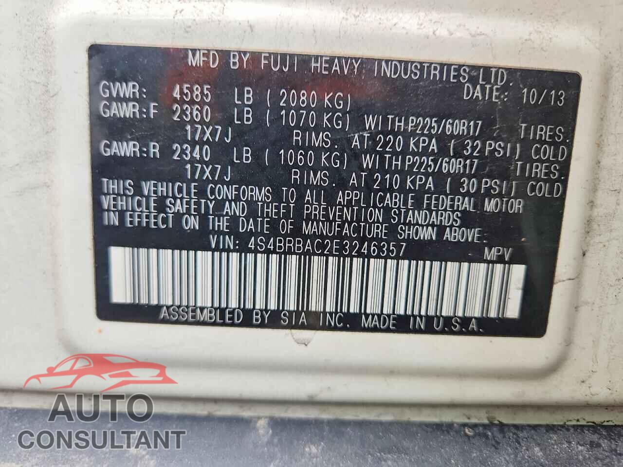 SUBARU OUTBACK 2014 - 4S4BRBAC2E3246357