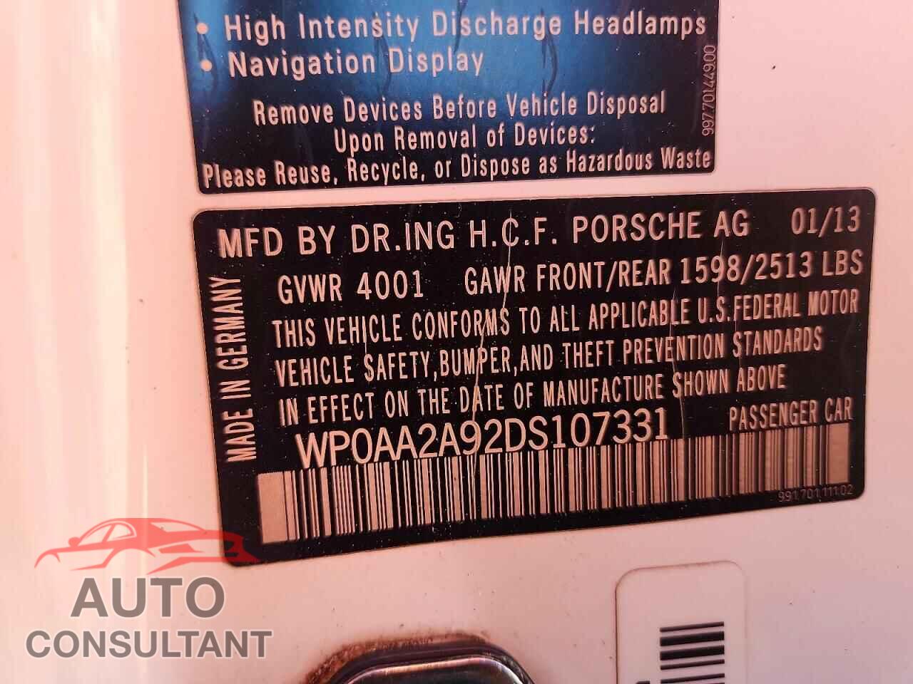 PORSCHE 911 2013 - WP0AA2A92DS107331