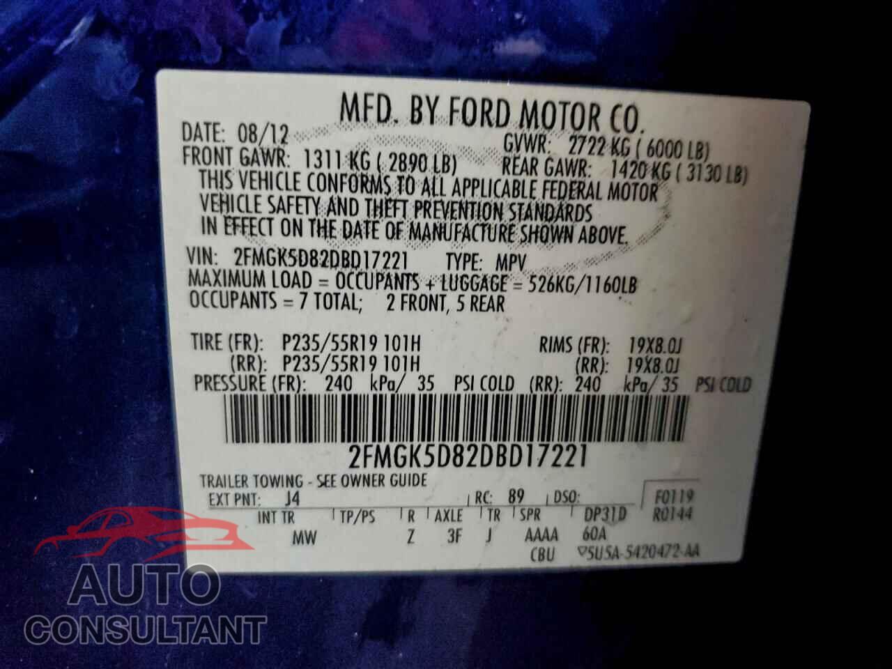 FORD FLEX 2013 - 2FMGK5D82DBD17221