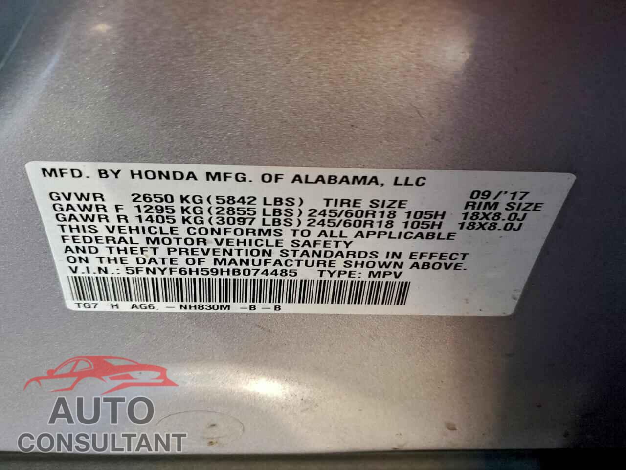 HONDA PILOT 2017 - 5FNYF6H59HB074485