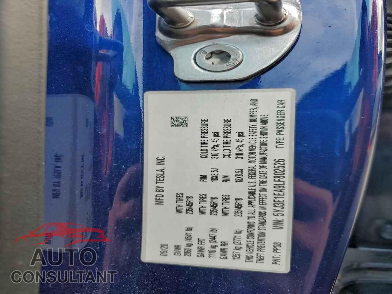 TESLA MODEL 3 2020 - 5YJ3E1EA9LF802526